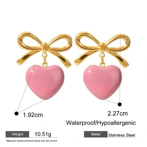 18k Gold Plated Bowknot Pink Heart Drip Oil Earrings - Picture 6 of 9